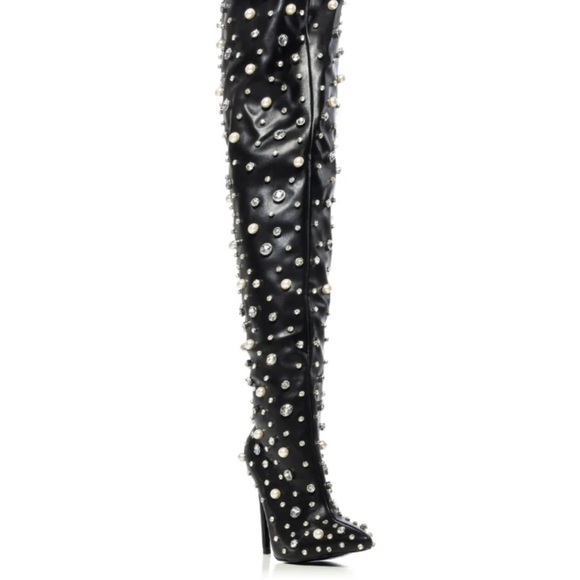 Black Pearl-Embellished Over the Knee Boots - Picture 3 of 6